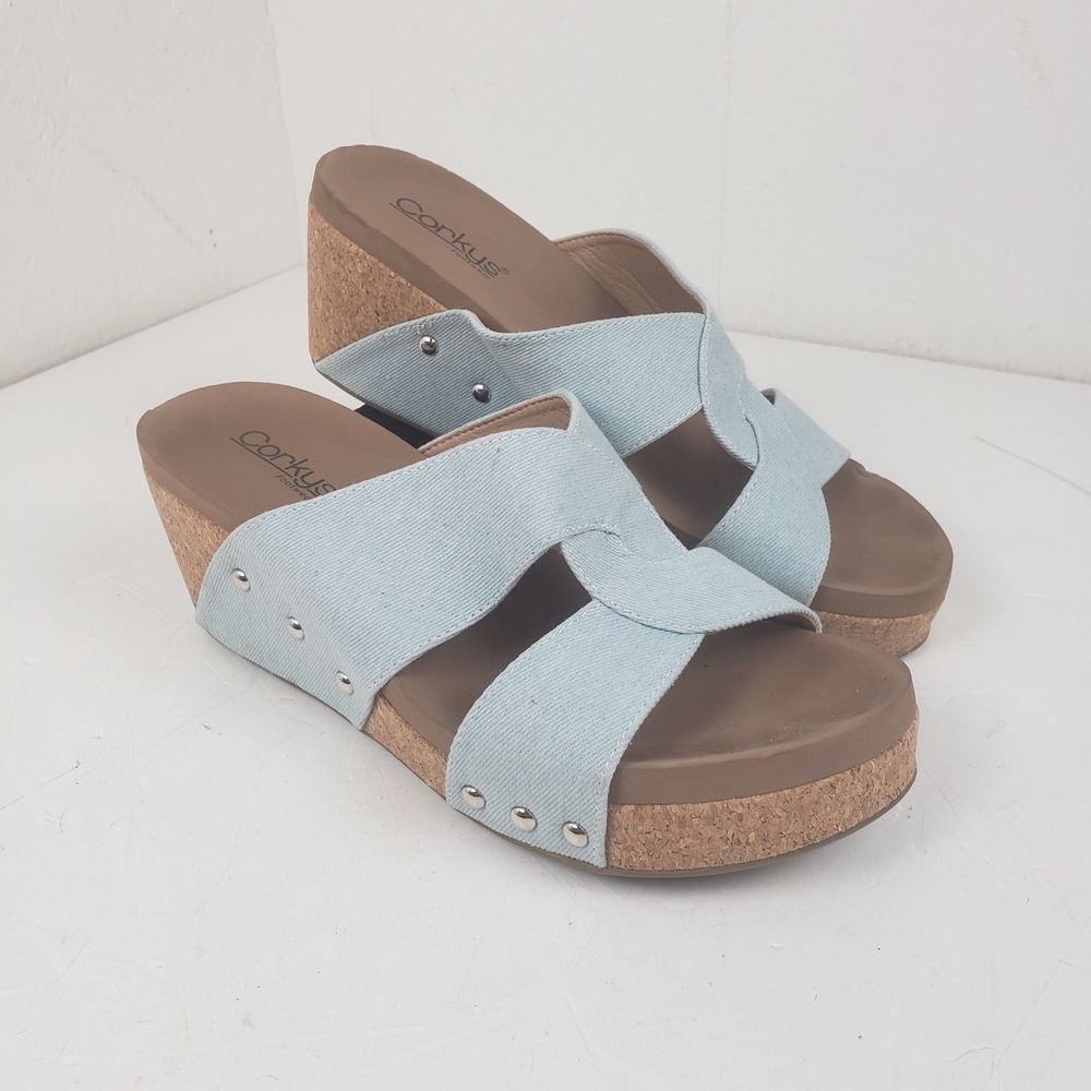 Corkys Bonny Light Blue Denim Studded Cork Wedge Slide Sandals Womens 11